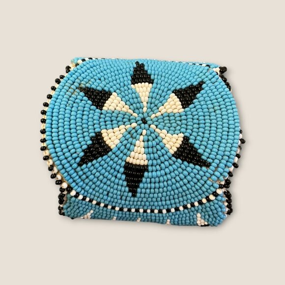 Handmade Blue Beaded Cuff Bracelet With Geometric Black & White Star Pattern - Picture 4 of 4